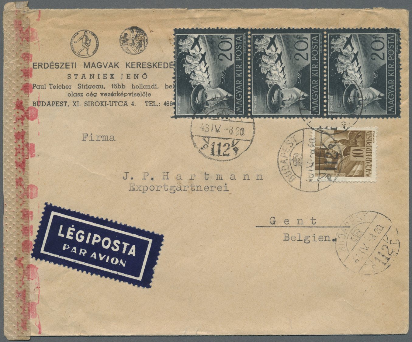 Br Ungarn: 1943, Zwei Buntfrankierte (Express)Luftpost-Briefe Von Budapest Nach Gent, Belgien, Dabei 1x OKW Zensu - Lettres & Documents