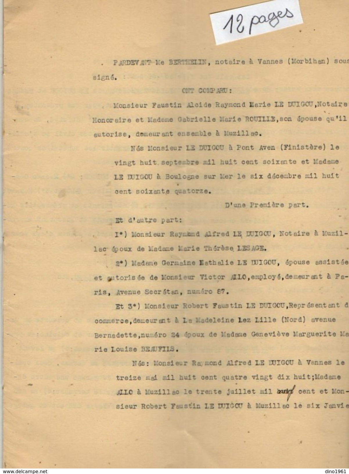 VP10.836 - MUZILLAC - Acte De 1938 - Donation & Partage Par Mr & Mme LE DUIGOU à Leurs ENFANTS - Collections