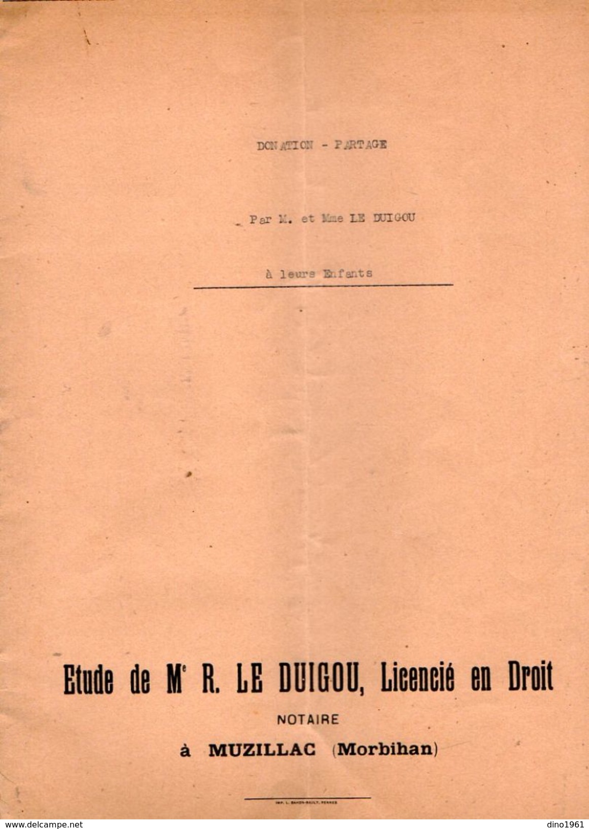 VP10.836 - MUZILLAC - Acte De 1938 - Donation & Partage Par Mr & Mme LE DUIGOU à Leurs ENFANTS - Collections