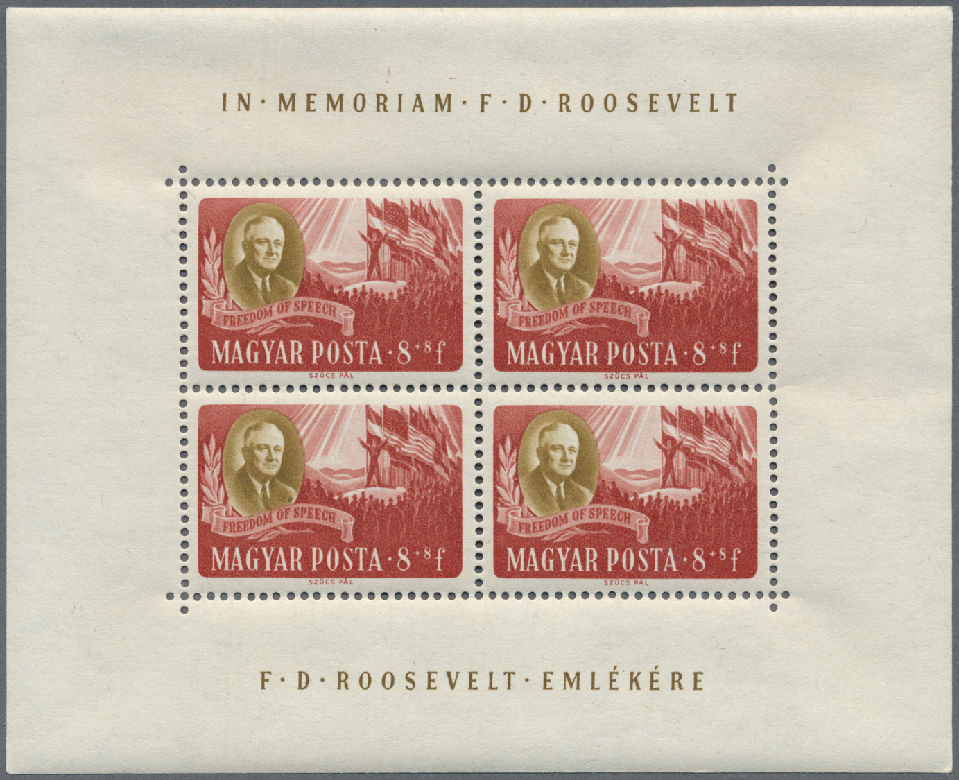 ** Ungarn: 1947, Präsident Roosevelt als postfrischer Kleinbogensatz. Michel 450,- €