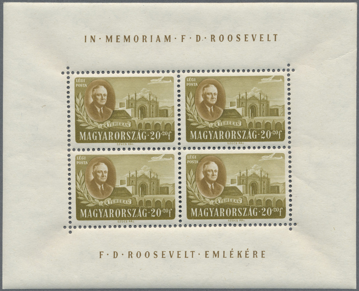 ** Ungarn: 1947, Präsident Roosevelt als postfrischer Kleinbogensatz. Michel 450,- €