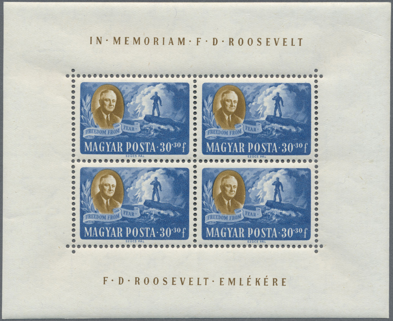 ** Ungarn: 1947, Präsident Roosevelt als postfrischer Kleinbogensatz. Michel 450,- €