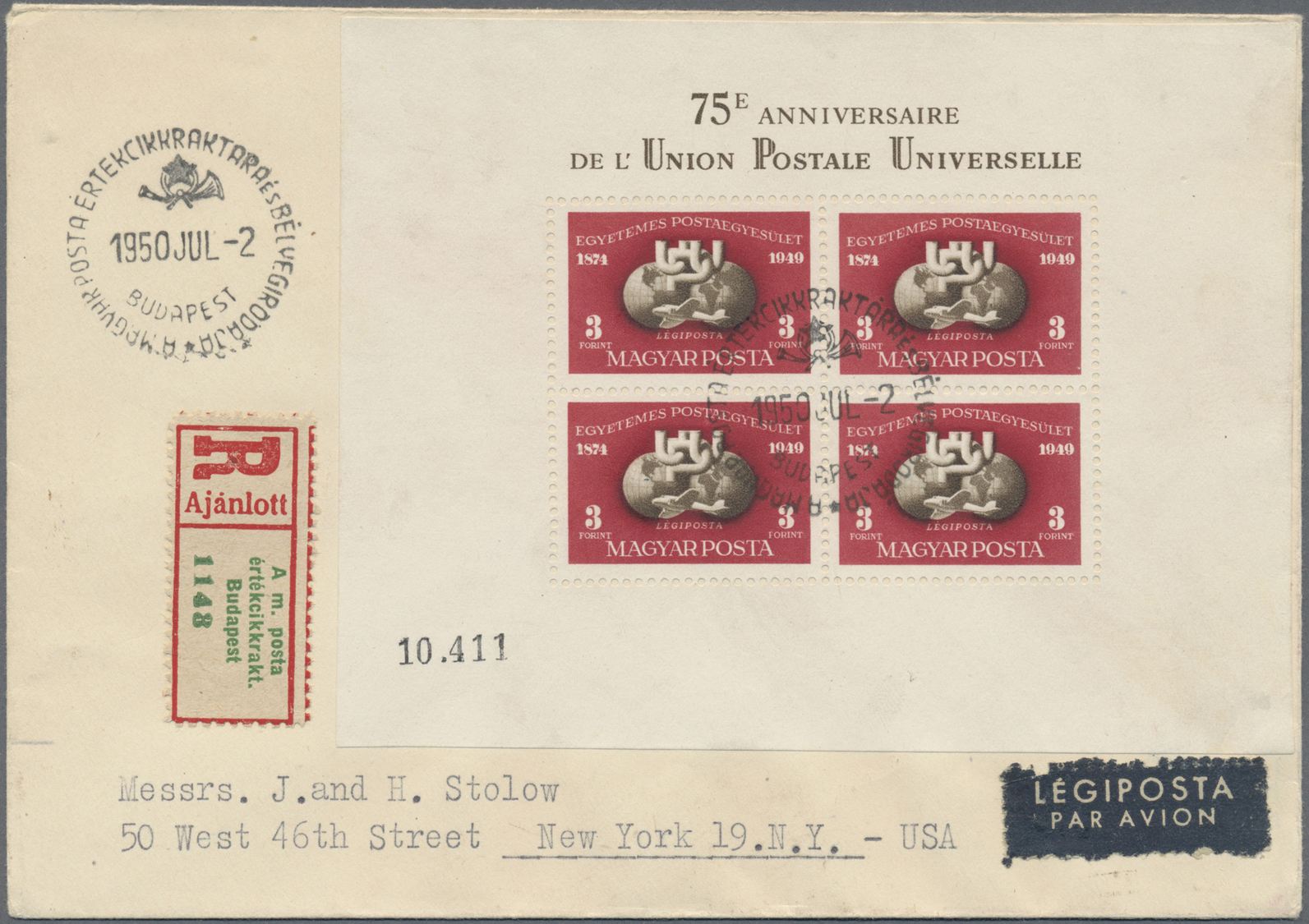 Ungarn: 1950, 75 Jahre UPU, Gezähnter Block Auf Luftpost-R-FDC Mit ESST "Budapest 2.7.1950" Nach New York Mit - Lettres & Documents