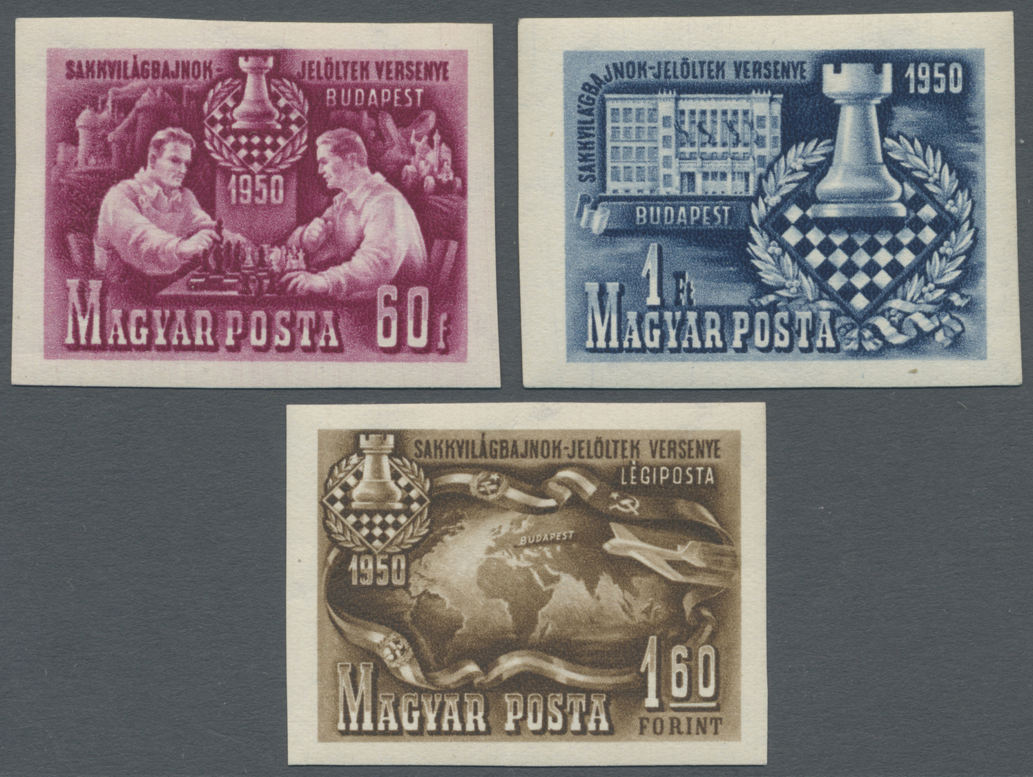 ** Ungarn: 1950, Hungary, Chess, 3 Values, Imperforated, Mnh - Storia Postale