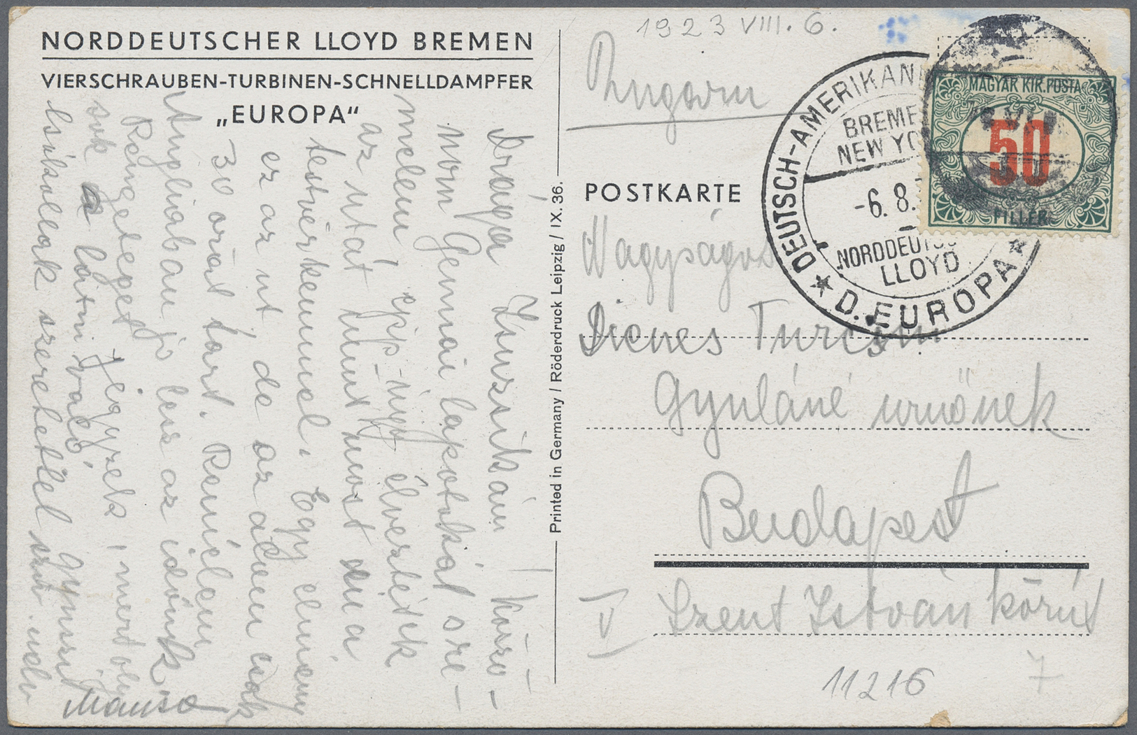 Ungarn - Portomarken: 1932, 50 F. Tied Unclear On Inbound Ppc To Budapest, NGL Steamer "Europa" Card With Date - Port Dû (Taxe)