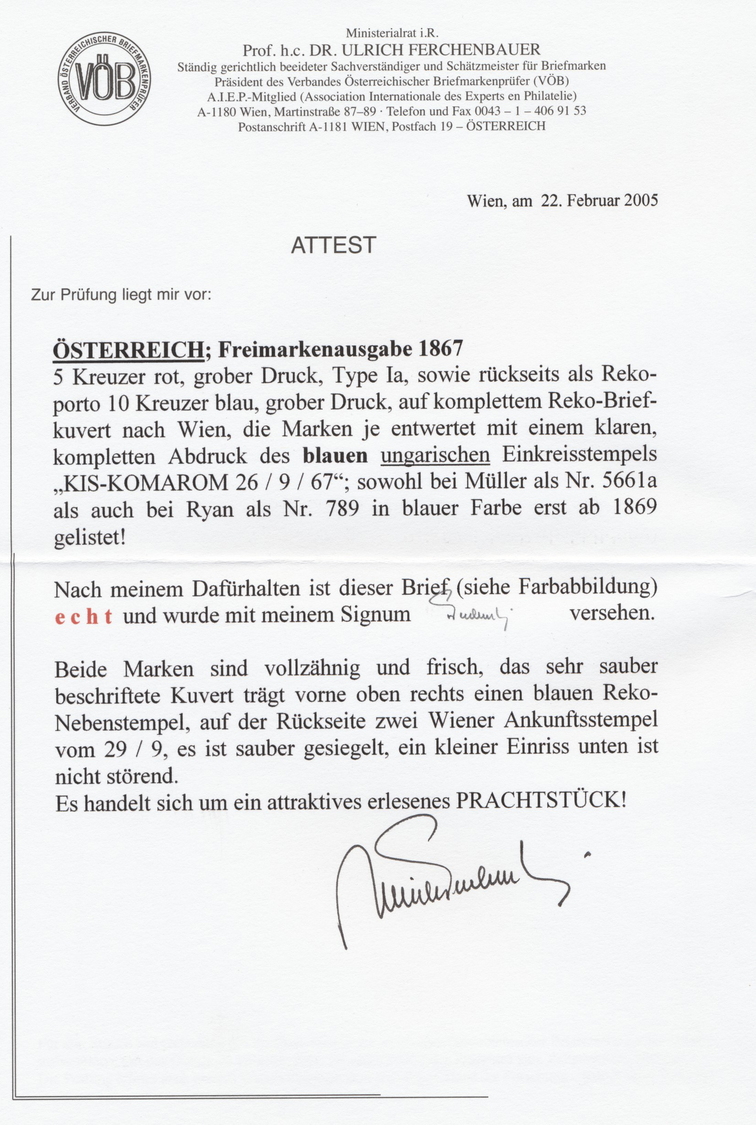 Br Ungarn - Stempel: 1867: "KIS-KOMAROM 26/9/67", Blauer Einkreisstempel! Bei Müller (5661a) Und Ryan (789) Jedoc - Marcophilie