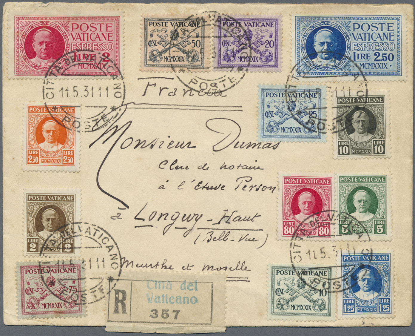 Br Vatikan: 1931. Registered Envelope Addressed To France Bearing Yvert 26 To 38, 10l Black With Express Yvert 1, - Lettres & Documents
