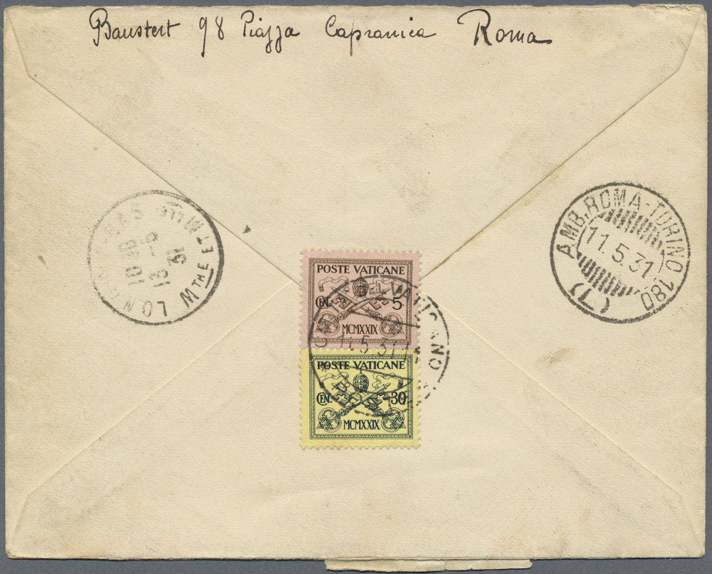 Br Vatikan: 1931. Registered Envelope Addressed To France Bearing Yvert 26 To 38, 10l Black With Express Yvert 1, - Lettres & Documents