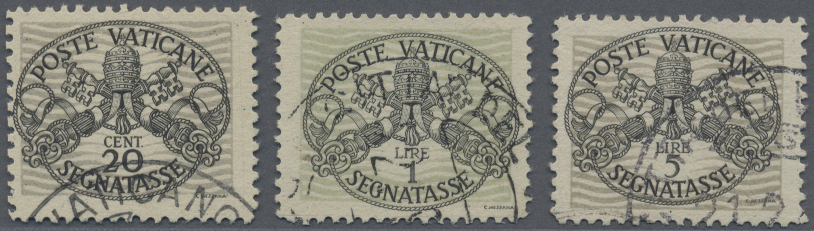 O Vatikan - Portomarken: 1946, Wappenzeichnung 20 C, 1 L Und 5 L, Breite Unterdrucklinien Auf Grauem Papier, I A - Taxes