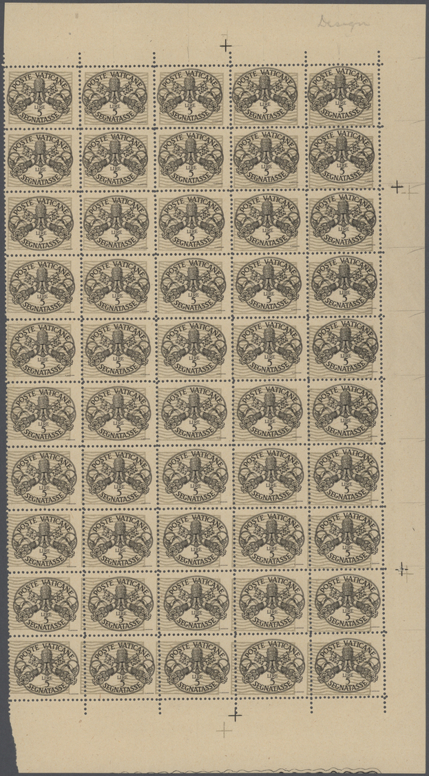 ** Vatikan - Portomarken: 1945, Wappenzeichnung 5 Lire Schwarz/mattgrau Im Halben Bogen Zu 50 Marken (rechte Hälf - Postage Due
