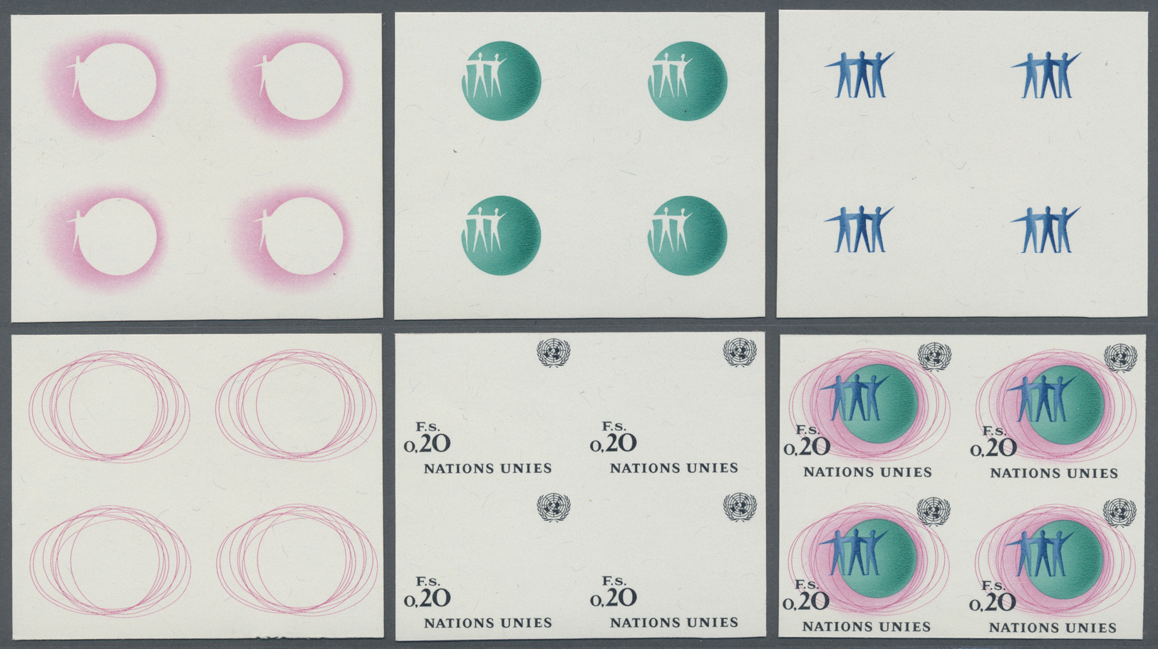 ** Vereinte Nationen - Genf: 1969. Ungezähner 4er-Block + Probedruck (5 Phasen) In 4er-Blocks Für Den 0.20fr-Wert - Unused Stamps