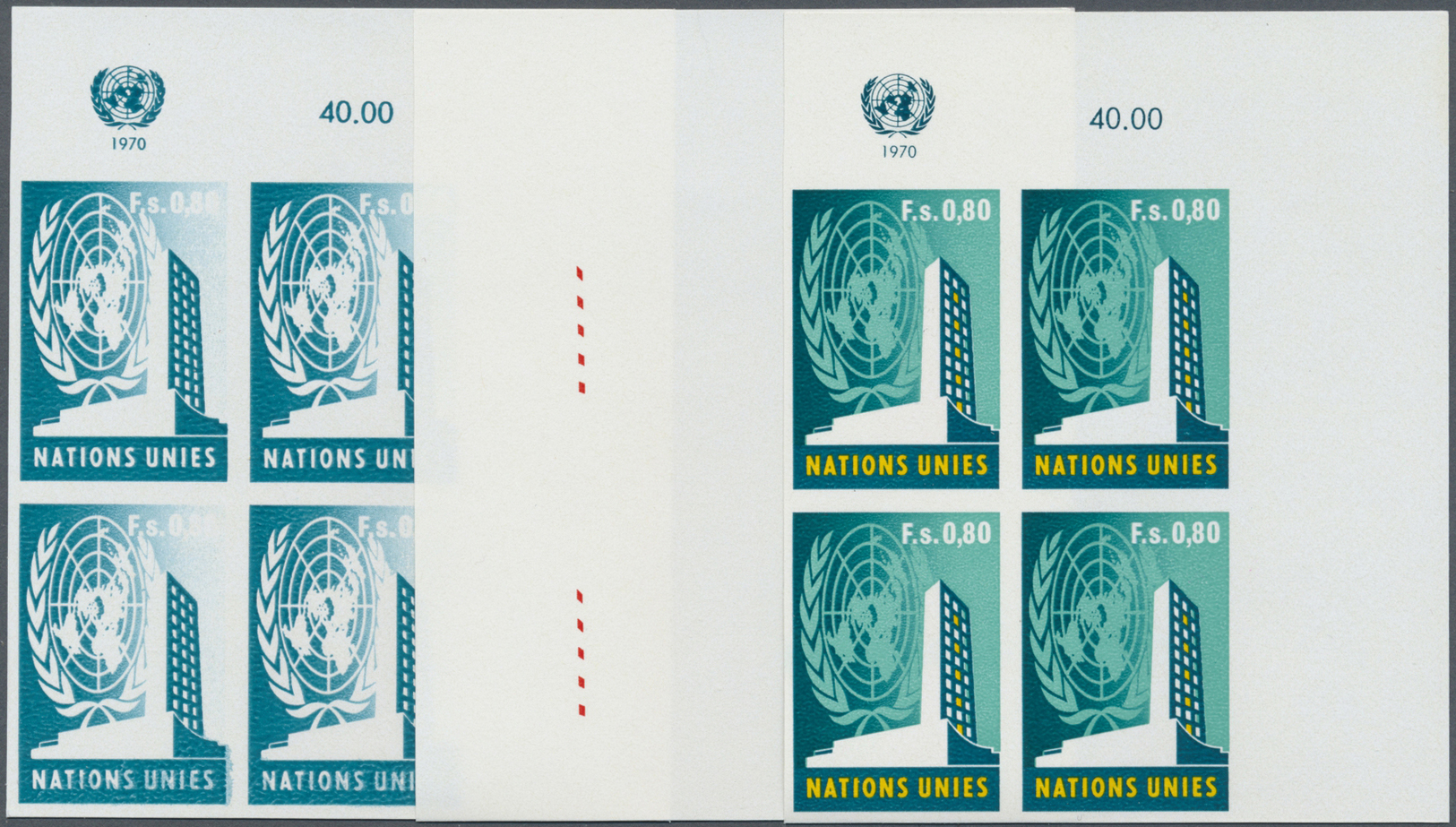 ** Vereinte Nationen - Genf: 1970. Progressive Proof (6 Phases) In Corner Blocks Of 4 For The Definitive Issue Sh - Unused Stamps
