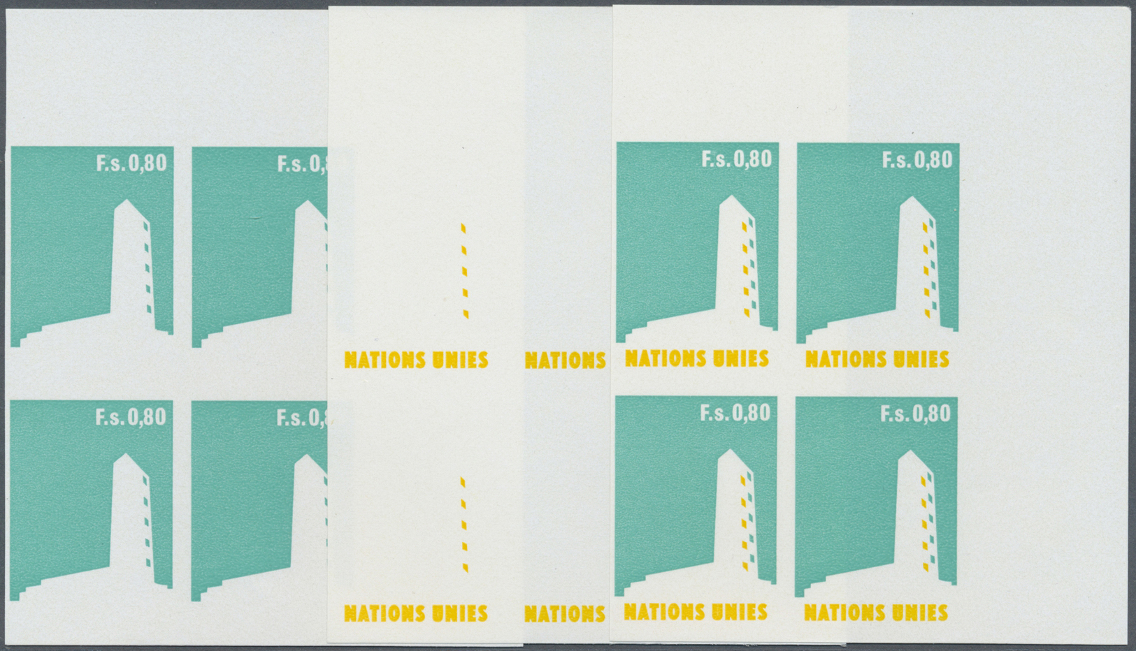 ** Vereinte Nationen - Genf: 1970. Progressive Proof (6 Phases) In Corner Blocks Of 4 For The Definitive Issue Sh - Unused Stamps