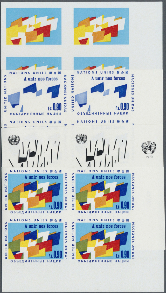** Vereinte Nationen - Genf: 1970. Progressive Proof (8 Phases) In Corner Blocks Of 4 For The Definitive Issue Sh - Unused Stamps