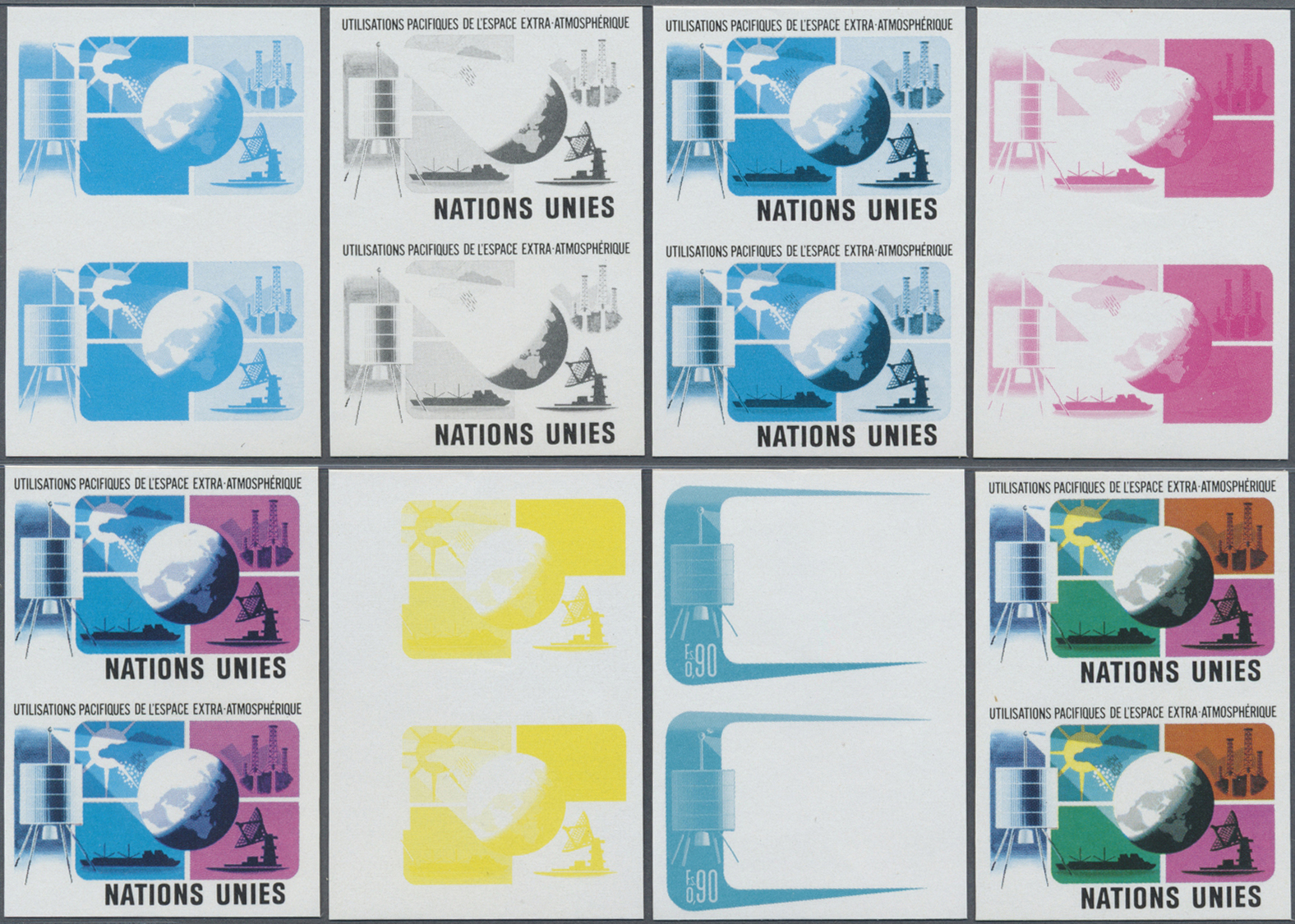 ** Vereinte Nationen - Genf: 1975. Progressive Proof (8 Phases) In Vertical Pairs For The 90c Value Of The Issue - Unused Stamps