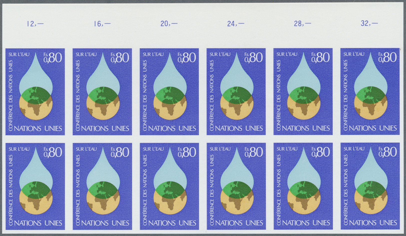 ** Vereinte Nationen - Genf: 1977. Ungezähnter OR-12er-Block Für Den 80c-Wert Der Ausgabe "Wasserkonferenz Der Ve - Unused Stamps