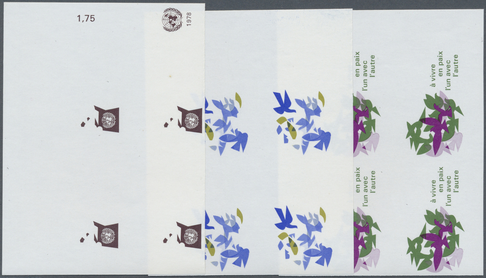 ** Vereinte Nationen - Genf: 1978. Progressive Proof (6 Phases) In Corner Blocks Of 4 For The Definitive Issue Sh - Unused Stamps