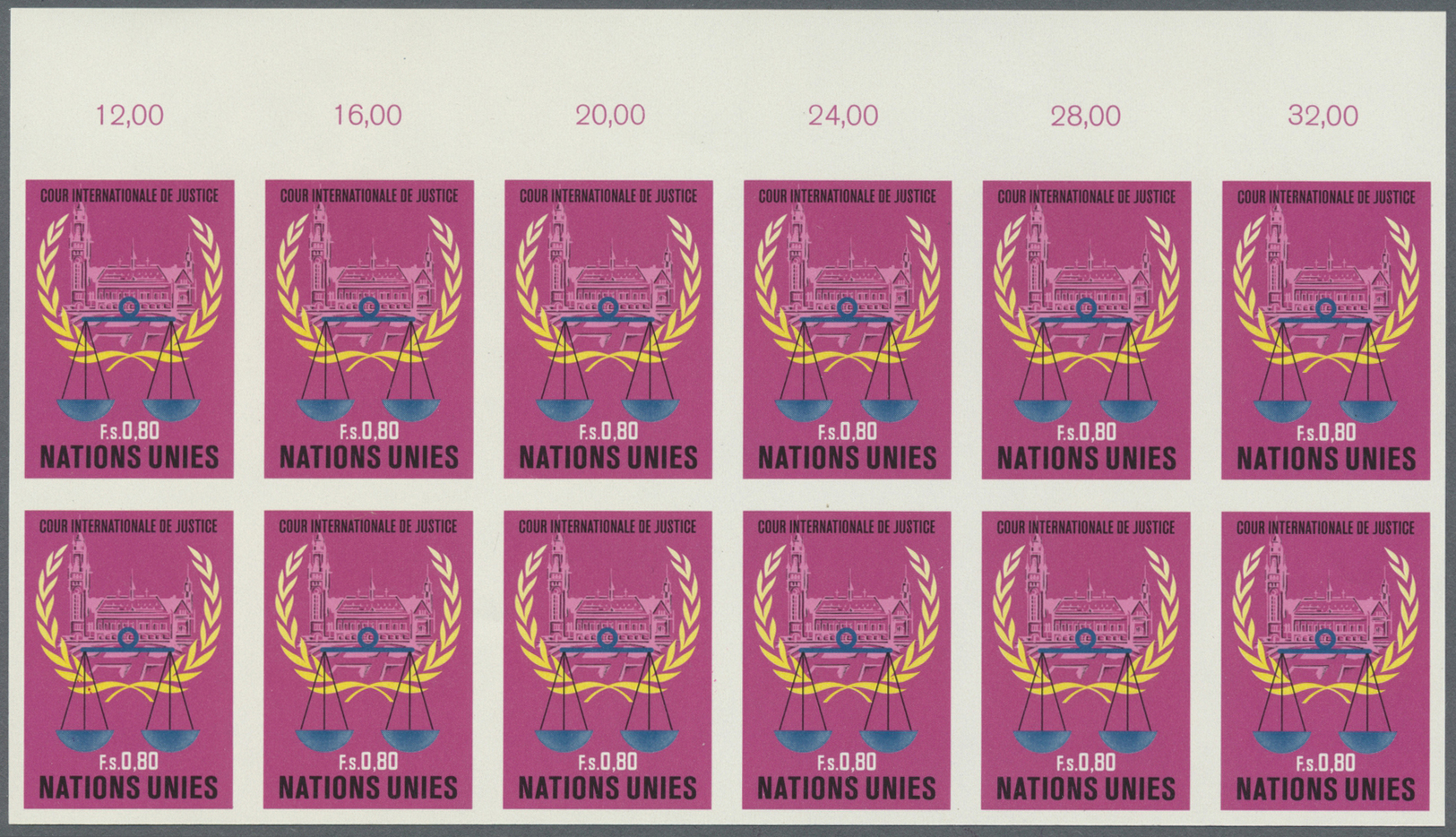 ** Vereinte Nationen - Genf: 1979. Ungezähnter OR-12er-Block Für Den 80c-Wert Der Ausgabe "Internationaler Gerich - Unused Stamps