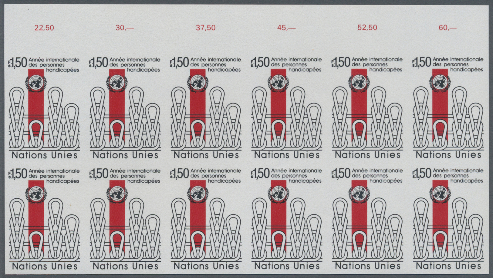 ** Vereinte Nationen - Genf: 1981. Ungezähnter OR-12er-Block Für Den 1.50fr-Wert Der Ausgabe "Intl. Jahr Der Behi - Unused Stamps