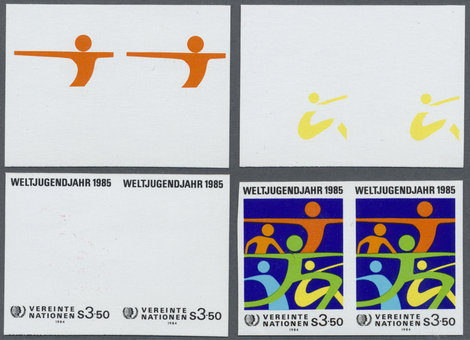 ** Vereinte Nationen - Wien: 1984. Ungezähntes Paar + Probedruck (7 Phasen) In Paaren Für Den 3.50s-Wert Der Ausg - Unused Stamps