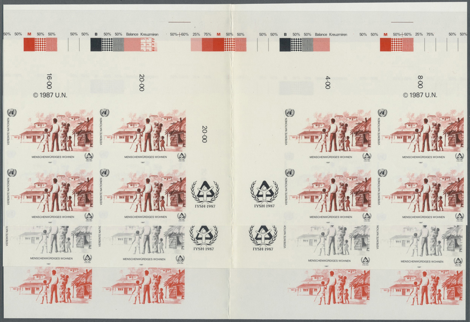 ** Vereinte Nationen - Wien: 1987. Progressive Proof (6 Phases) In Horizontal Gutter Pairs Of 2 Blocks Of 4 For T - Neufs