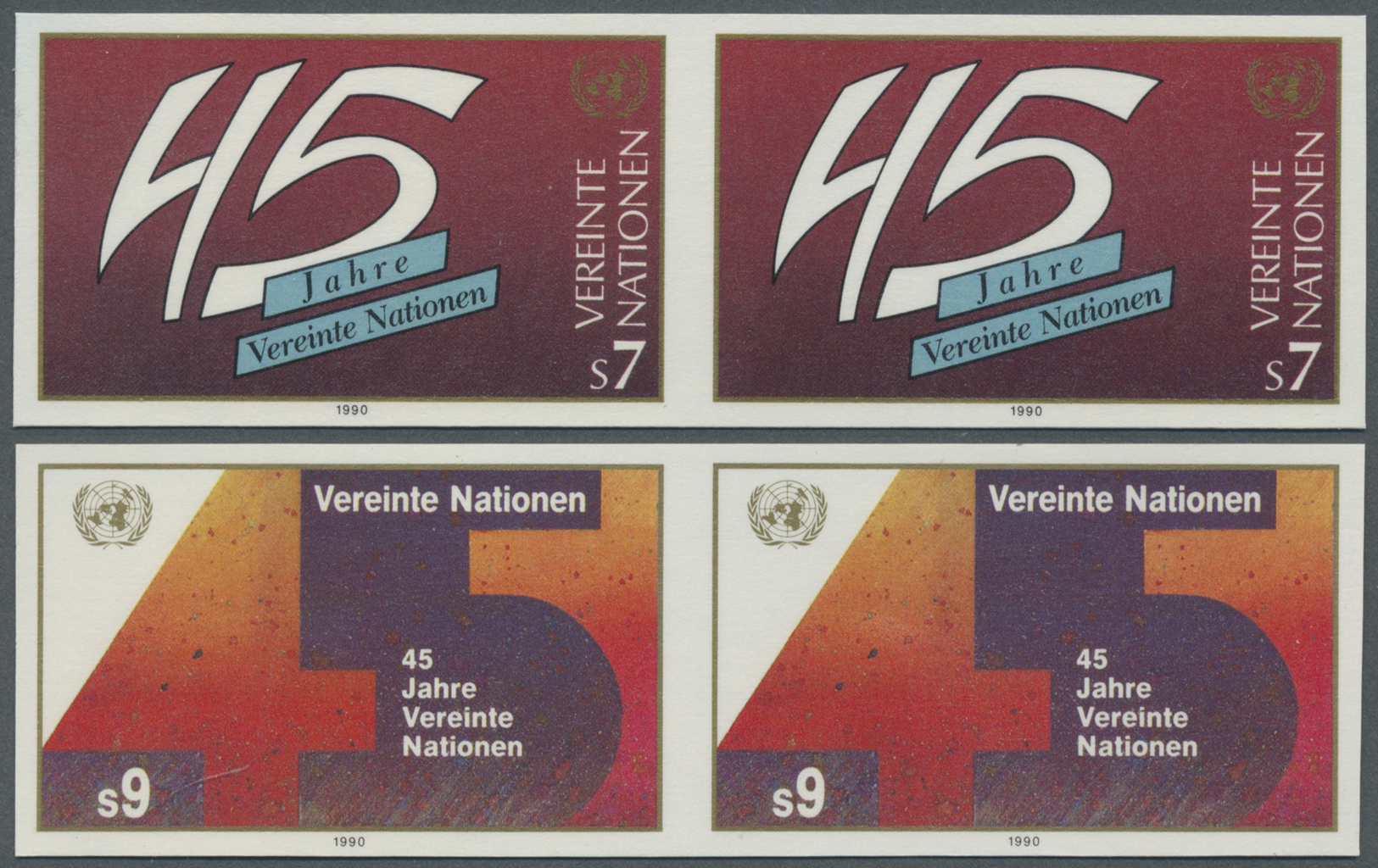 ** Vereinte Nationen - Wien: 1990. Complete Imperforate Set "United Nations, 45th Anniversary" (2 Values) In Hori - Unused Stamps