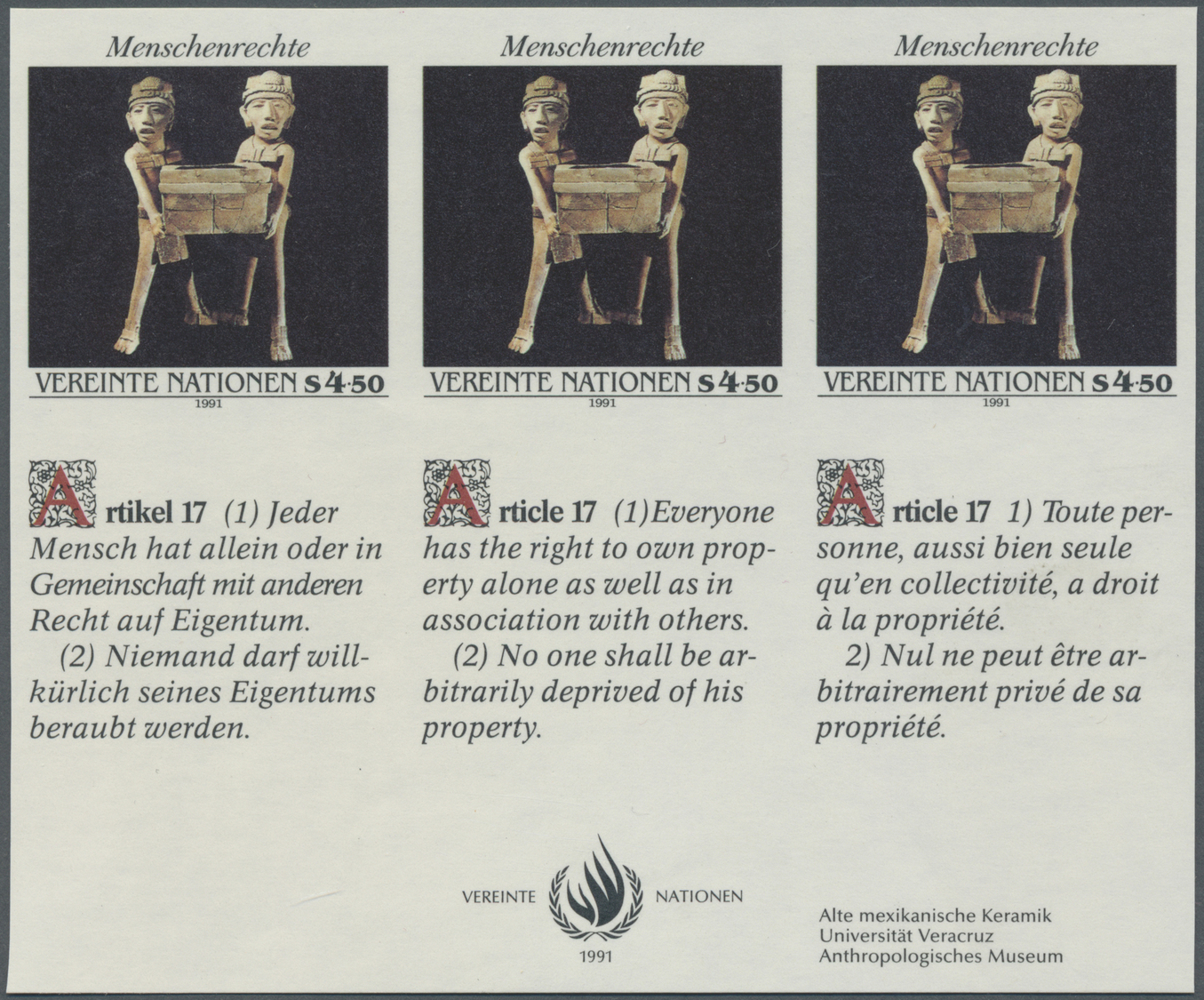 ** Vereinte Nationen - Wien: 1991. Imperforate Inscription Block Of 3 + 3 Labels For The 4.50s Value Of The Set " - Unused Stamps