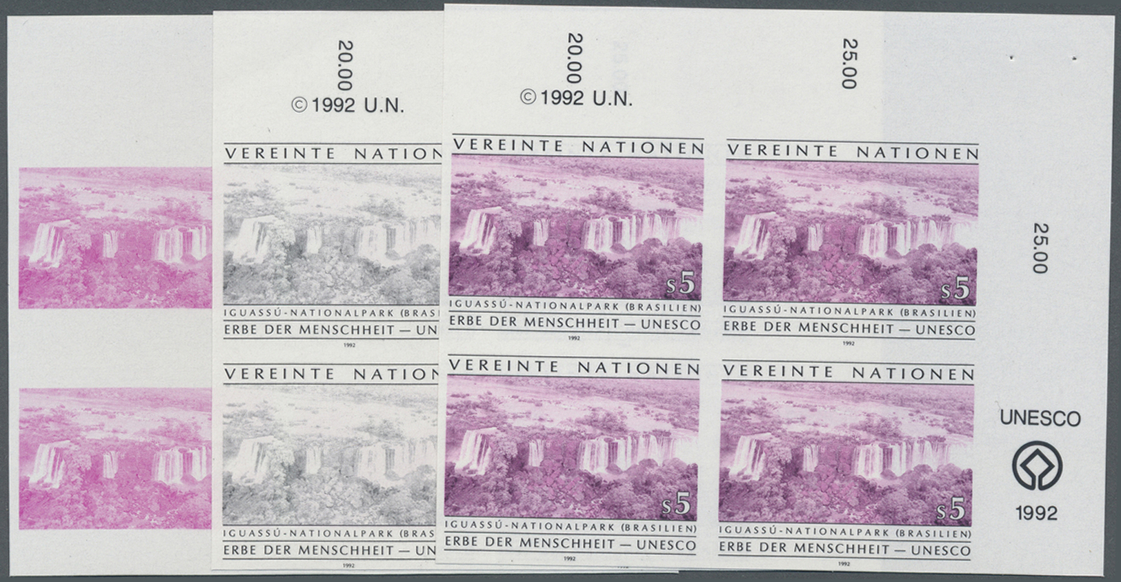 ** Vereinte Nationen - Wien: 1992. Progressive Proof (6 Phases) In Corner Blocks Of 4 For The 5s Value Of The Iss - Neufs