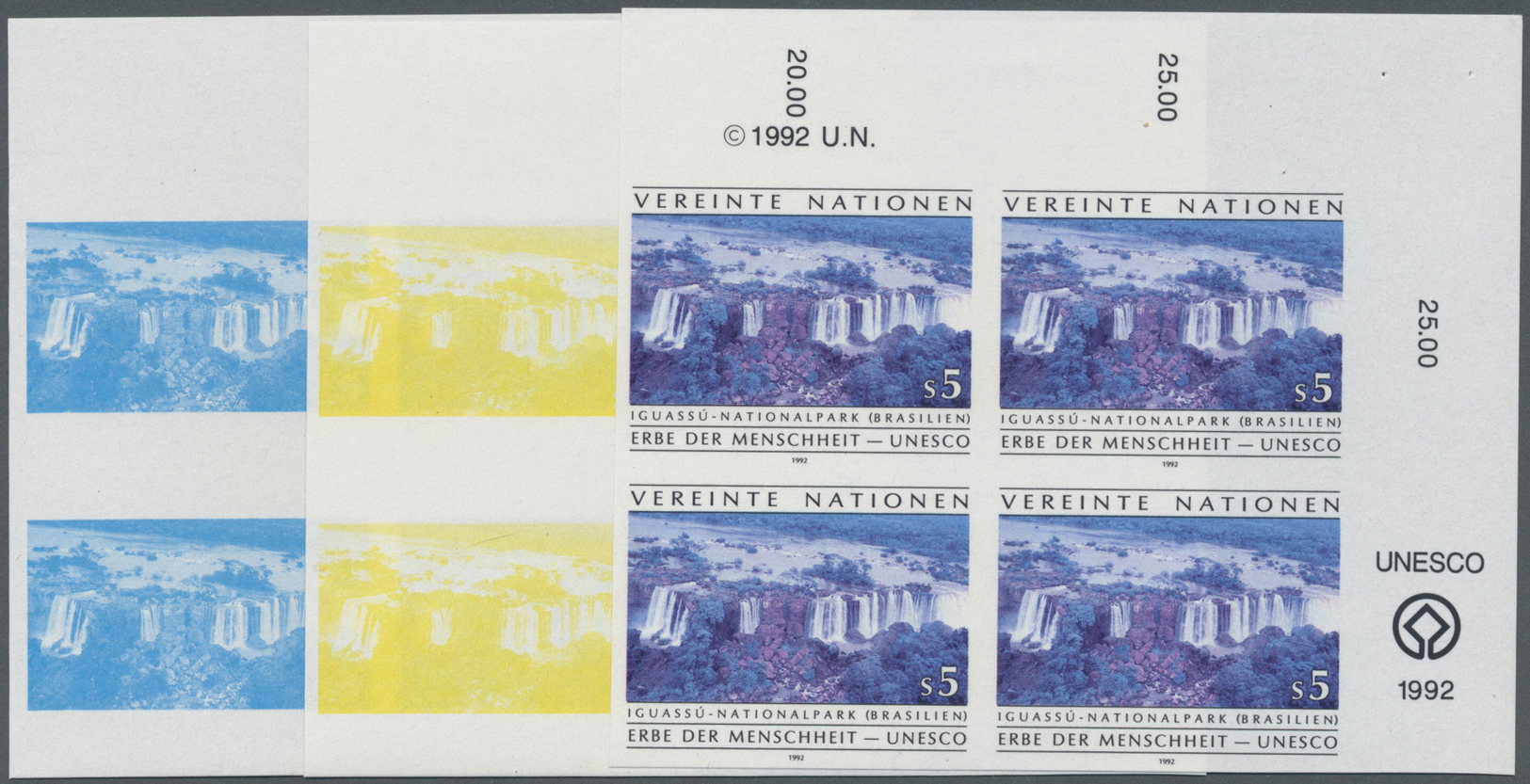 ** Vereinte Nationen - Wien: 1992. Progressive Proof (6 Phases) In Corner Blocks Of 4 For The 5s Value Of The Iss - Neufs