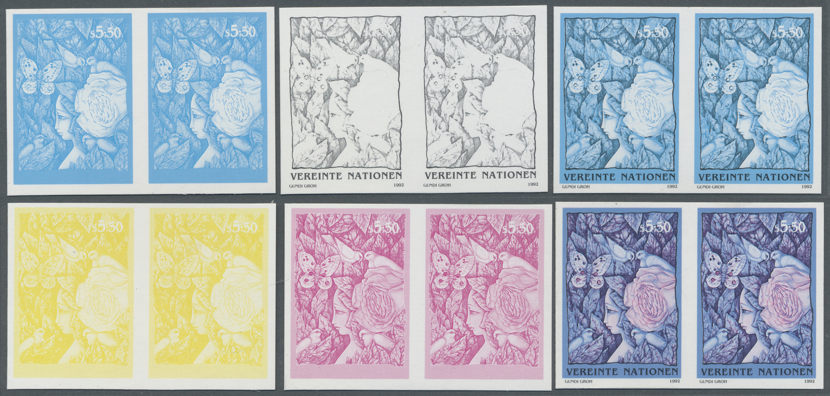 ** Vereinte Nationen - Wien: 1992. Progressive Proof (6 Phases) In Horizontal Pairs For The 5.50s Value Of The De - Neufs