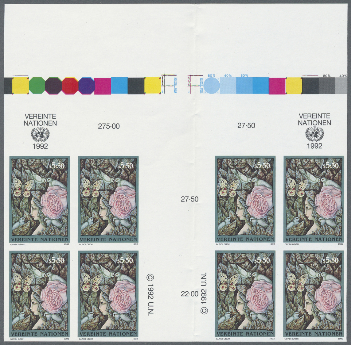** Vereinte Nationen - Wien: 1992. Zwischensteg-Oberrand-Block Mit 2 Ungezähnten 4er-Blöcken Für Den 5,50s Wert D - Unused Stamps
