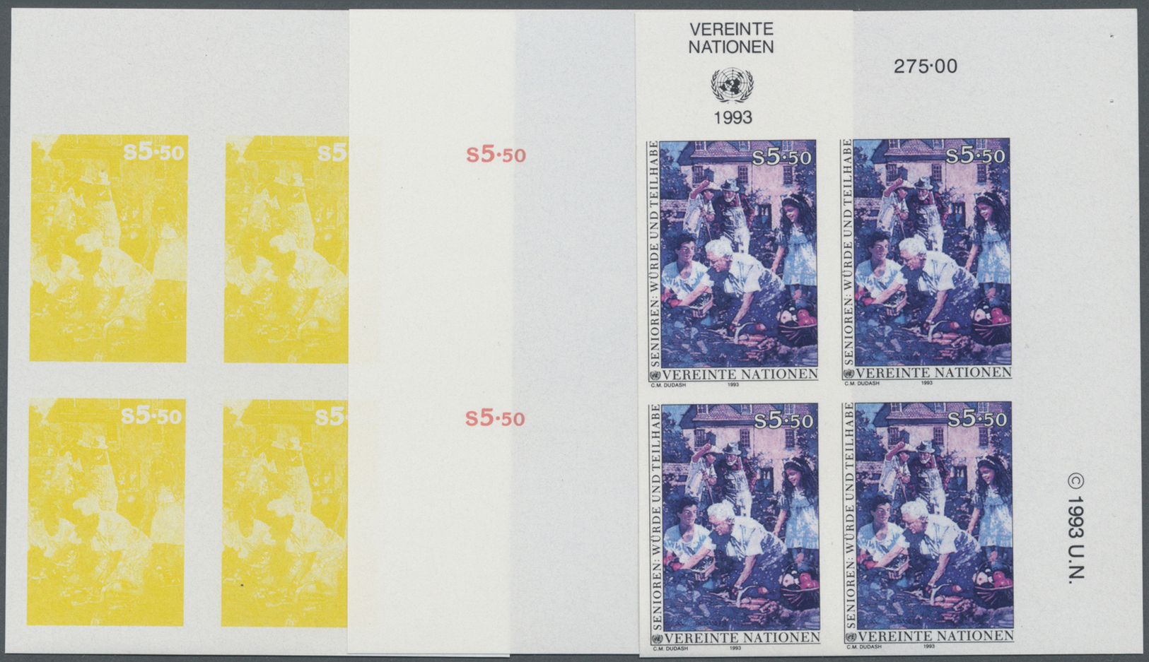 ** Vereinte Nationen - Wien: 1993. Progressive Proof (7 Phases) In Corner Blocks Of 4  For The 5.5s Value Of The - Neufs