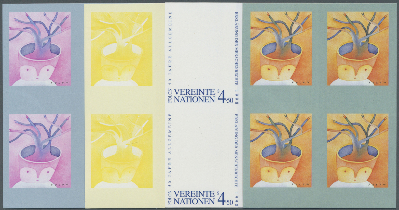 ** Vereinte Nationen - Wien: 1998. Progressive Proof (8 Phases) In Blocks Of 4 For The 4.50s Value Of The Set "Hu - Neufs