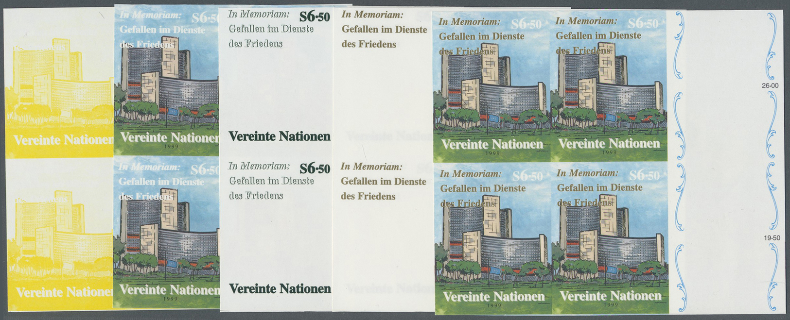 ** Vereinte Nationen - Wien: 1999. Progressive Proof (10 Phases) In Margin Blocks Of 4 For The Issue "Dag Hammars - Neufs