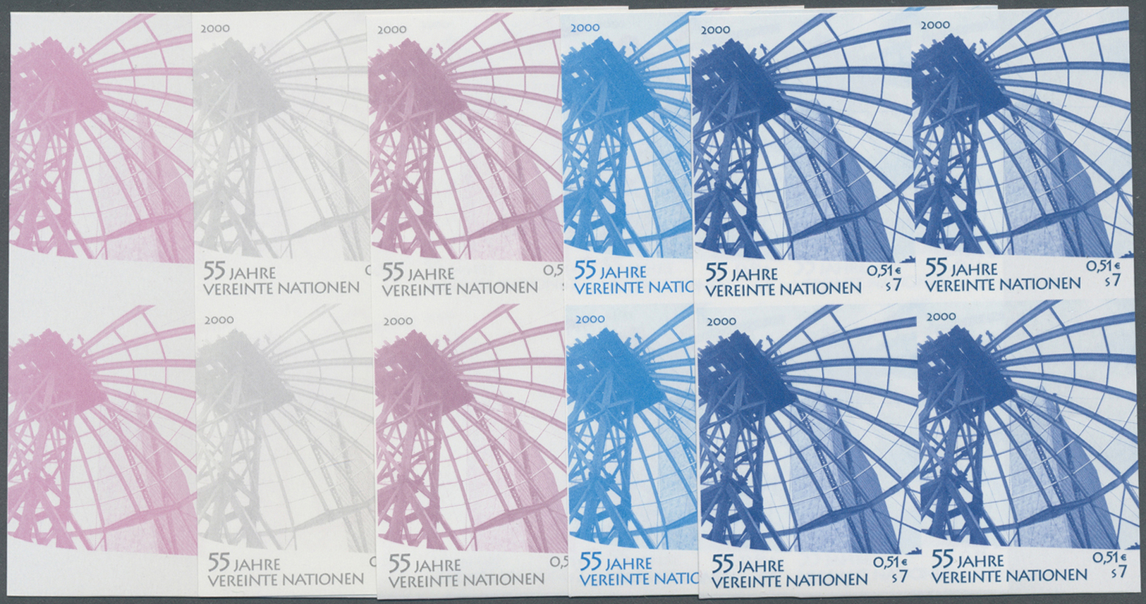 ** Vereinte Nationen - Wien: 2000. Progressive Proof (10 Phases) In Blocks Of 4 For The 7s Value Of The Set "Unit - Neufs