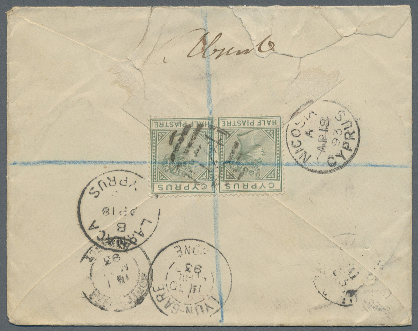 Br Zypern: 1893. Registered Envelope Addressed To France Bearing SG 31, ½pi Pale Green (8) And SG 34, 2pi Blue Ti - Autres & Non Classés