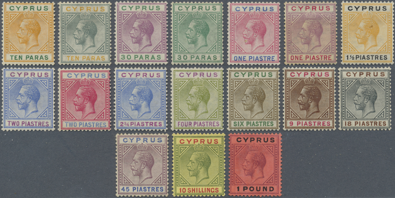 * Zypern: 1912, Georg V Complete Set Of 15 Up To 45 Piaster And Additional 10 Sh And 1 Pound. Fine Hinged With L - Autres & Non Classés