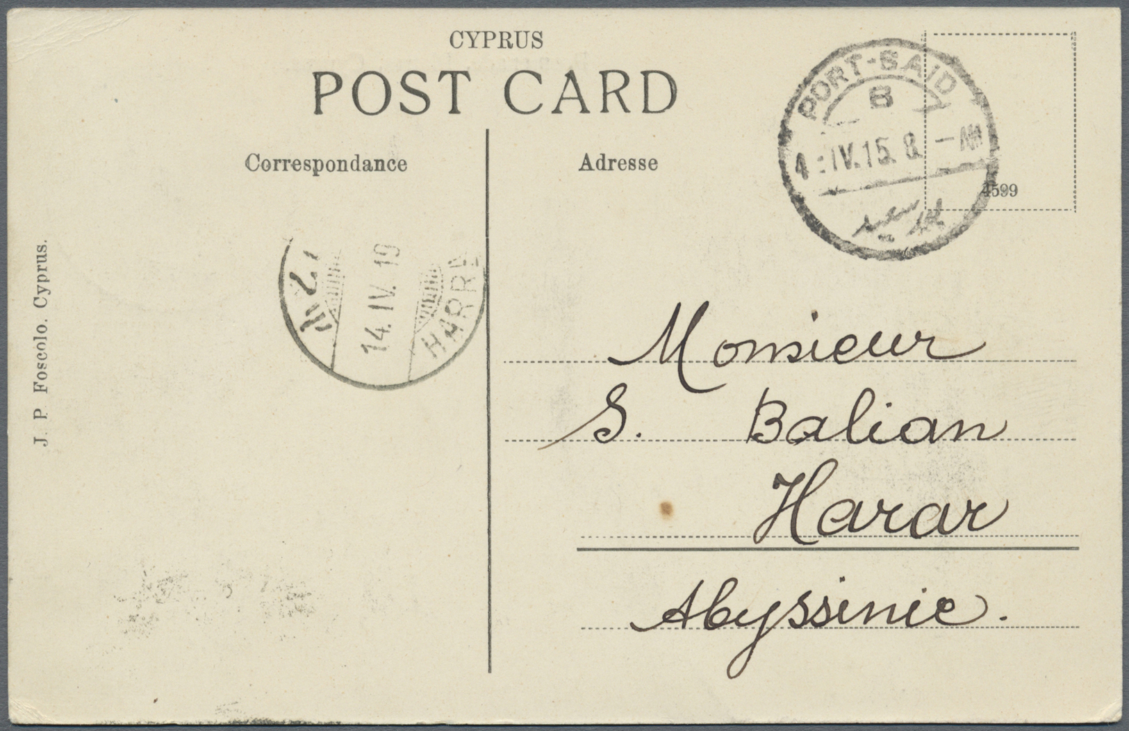 Br Zypern: 1915. Picture Post Card Of 'Platres Promenade, Cyprus' Addressed To Harrar, Ethiopia Bearing SG 75, ½ - Other & Unclassified