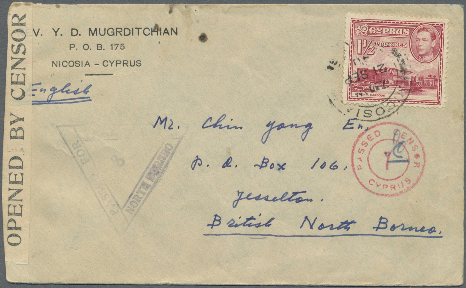 Br Zypern: 1940. Envelope Addressed To Jesselton, North Borneo Bearing SG 155, 1½p Carmine Tied By Nicosia Double - Autres & Non Classés
