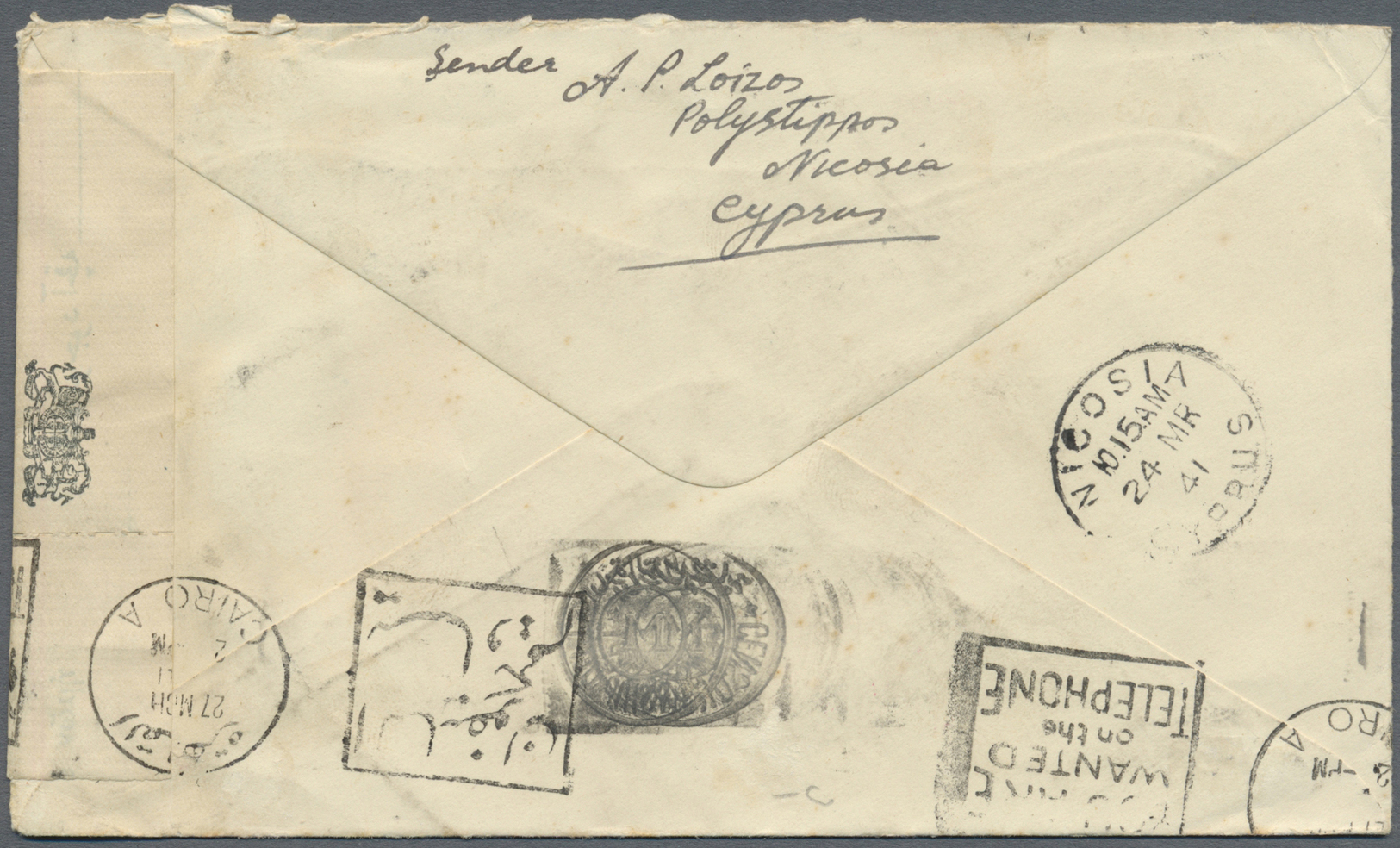 Br Zypern: 1941. Air Mail Envelope Addressed To South Africa Bearing SG 154, 1p Orange, SG 156, 2 Blue And SG 159 - Autres & Non Classés