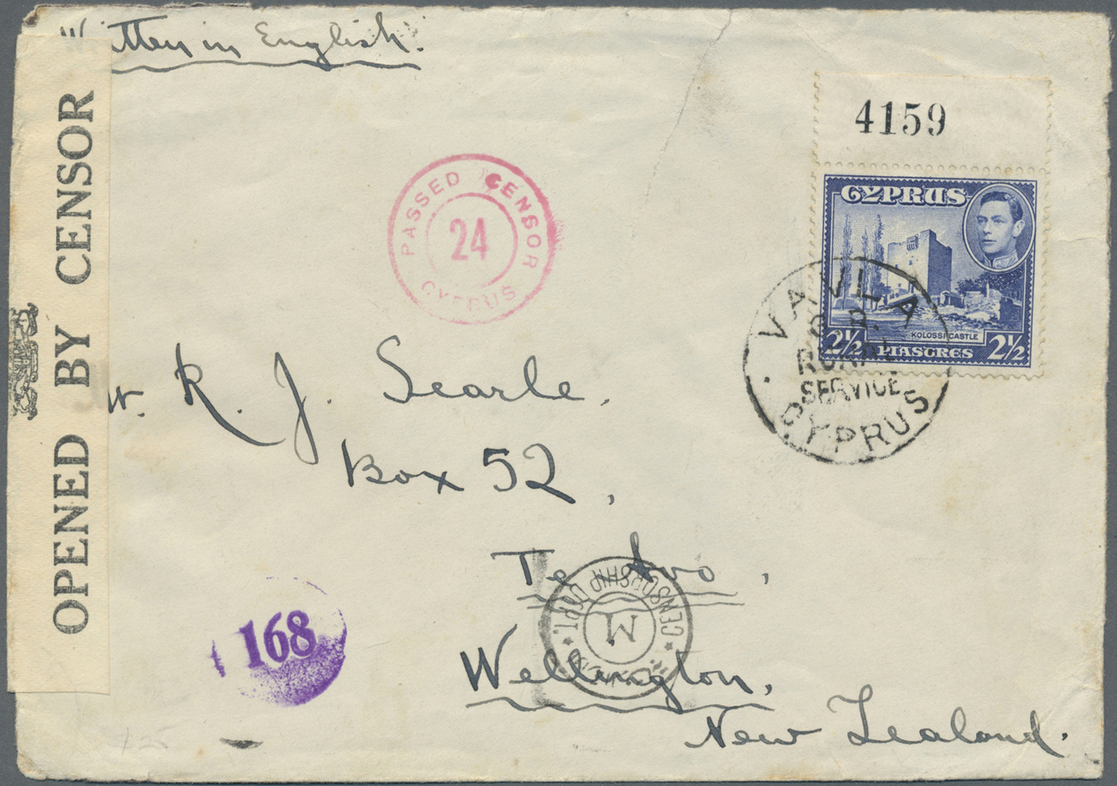 Br Zypern: 1941. Envelope (tears) Addressed To New Zealand Bearing SG 156, 2½p Blue Tied By Vavla/G.R. Rural Serv - Other & Unclassified