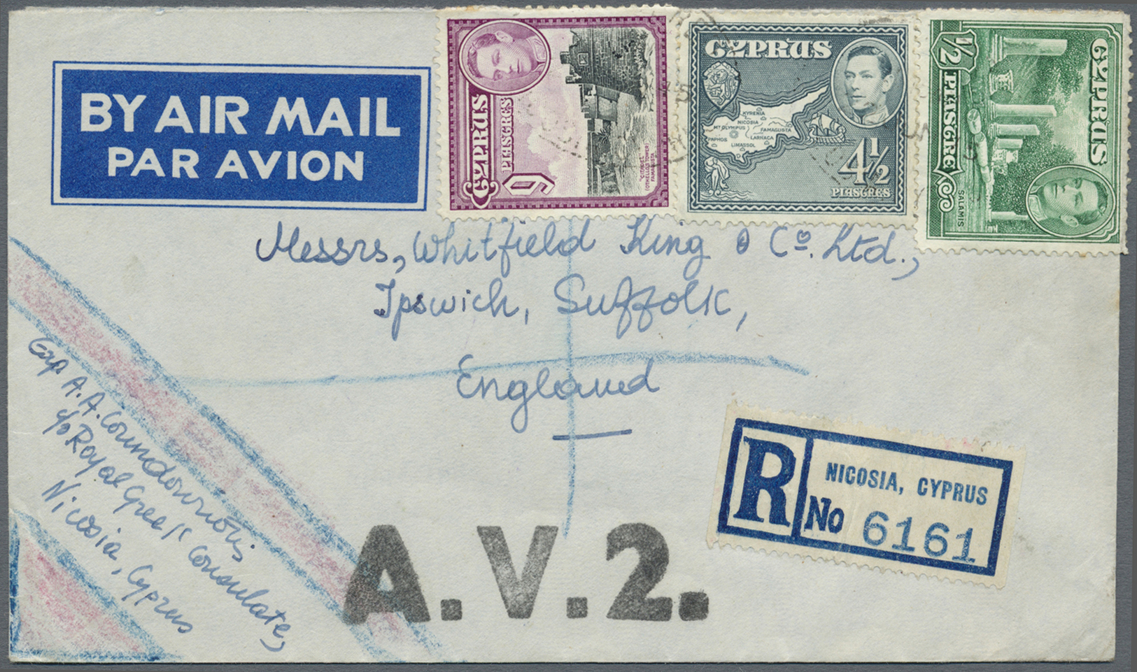 Br Zypern: 1945. Registered Air Mail Envelope Addressed To England Bearing SG 152, 1/2 Pi Green, SG 157, 4 ½ Pi G - Autres & Non Classés