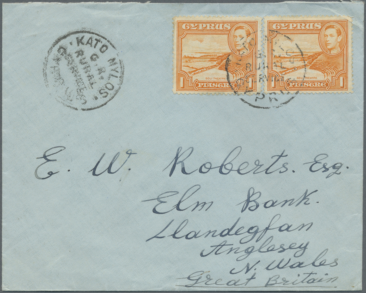 Br Zypern: 1950. Envelope Addressed To Wales Bearing SG 154, 1p Orange (pair) Tied By Kalo Mylos/G.R. Rural Servi - Other & Unclassified