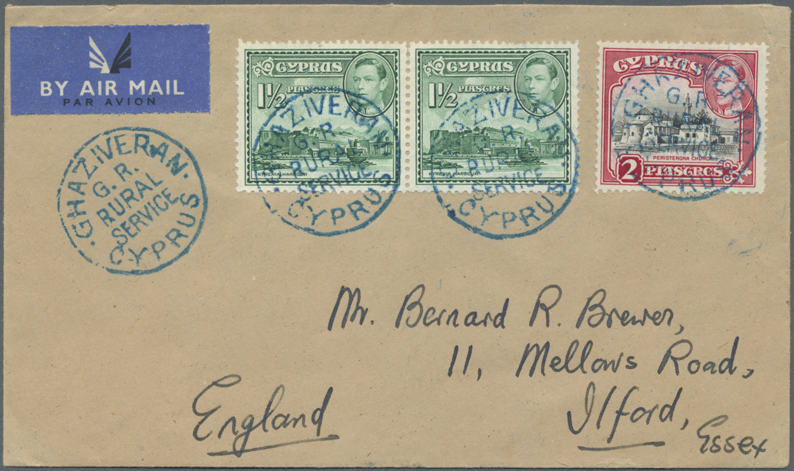 Br Zypern: 1950 (ca.). Air Mail Envelope Addressed To England Bearing SG 155ab, 1½p Green (pair) And SG 155b, 2p - Other & Unclassified
