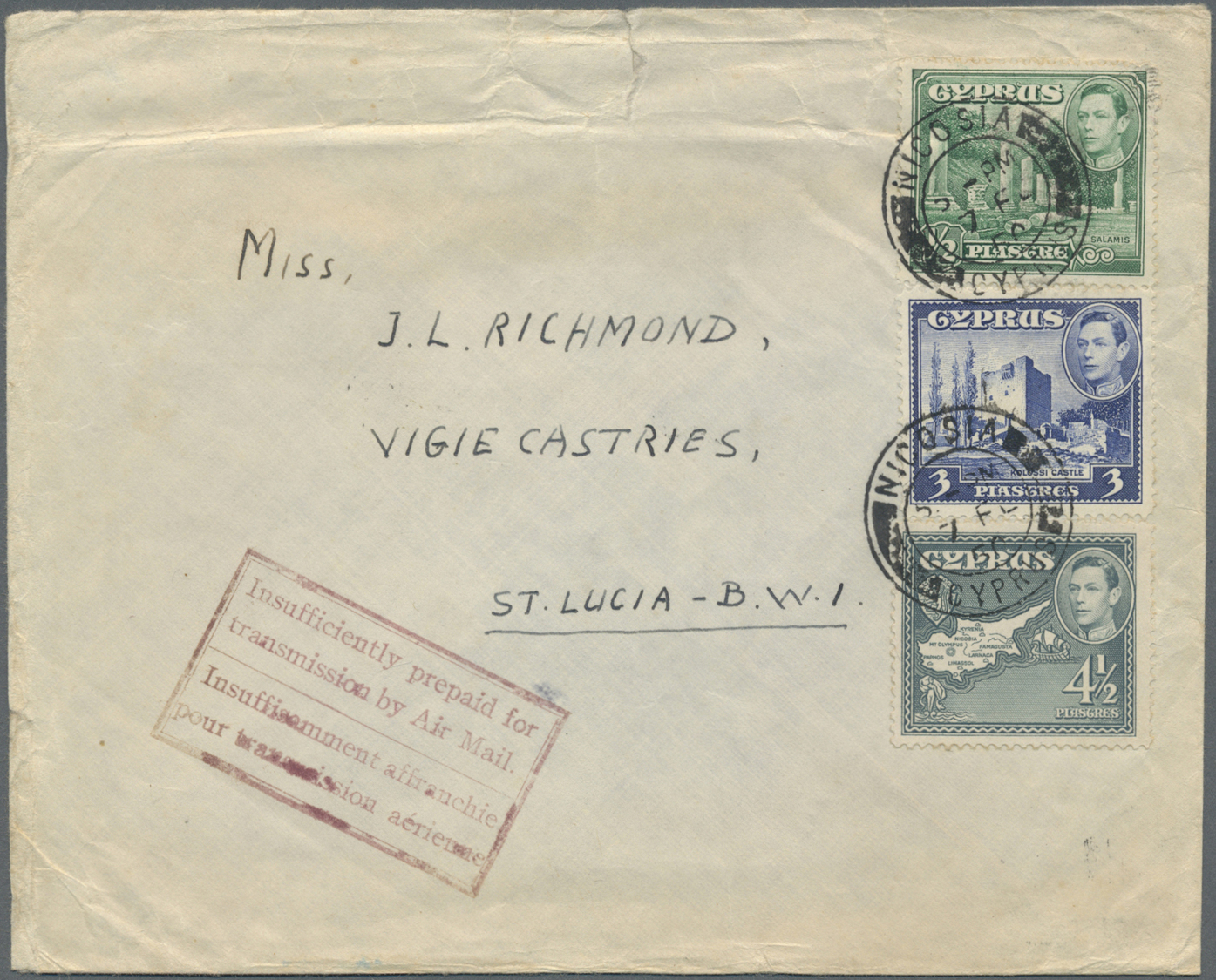 Br Zypern: 1950. Air Mail Envelope (tear At Top,creases) Addressed To St Lucia, British West Lndies Bearing SG 15 - Other & Unclassified