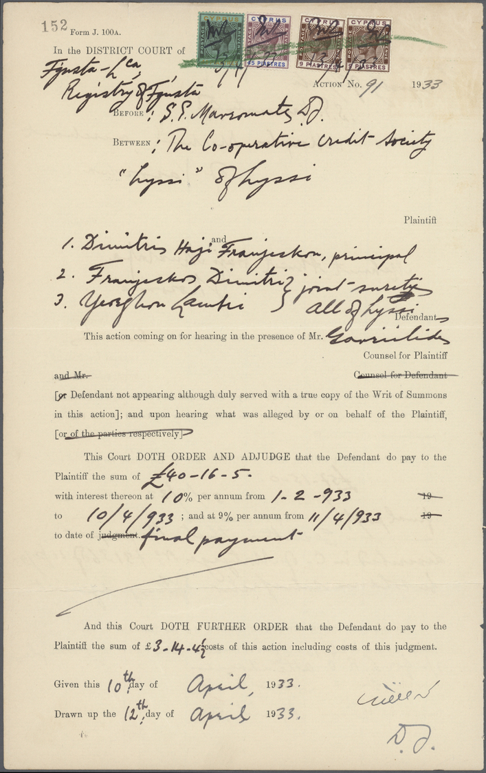 Br/Brrst Zypern - Besonderheiten: 1900/1933 Two Fiscal Documents: 1) 1900 Piece Of Doc Bearing Revenues 2/- Green - Autres & Non Classés