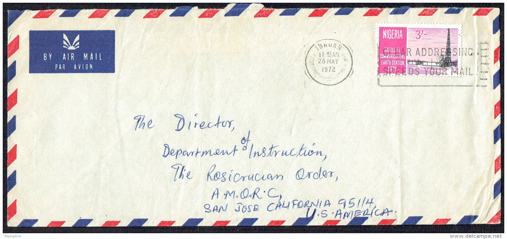 1972   Satellite Communications Earth Station 3/- SG 269 On Air Letter To USA - Nigeria (...-1960)