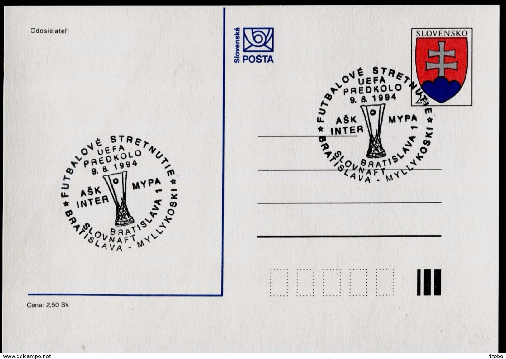 651-SLOVAKIA Postcard Special Cancelation Fussball-football UEFA Preliminary Round Inter Bratislava-Myllykoski 1994 - Fußball-Europameisterschaft (UEFA)