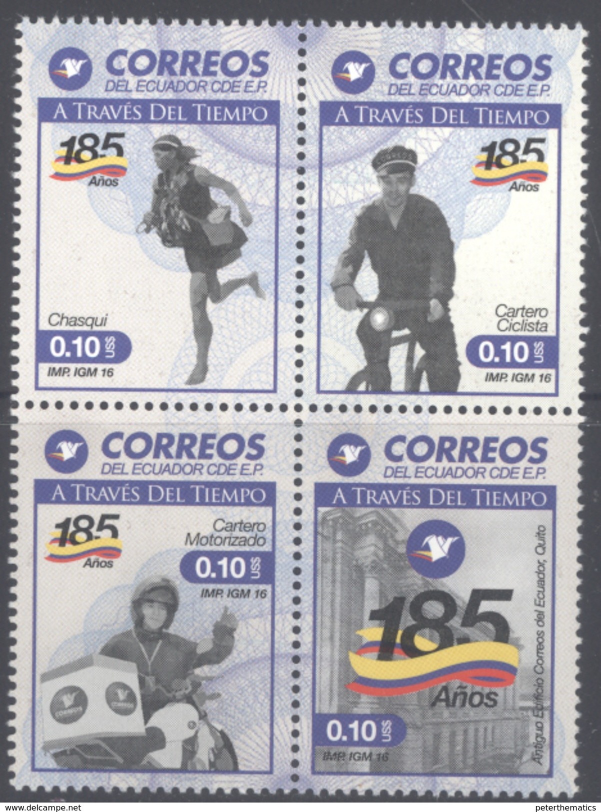 ECUADOR ,MNH, 2016, 185TH ANNIVERSARY OF ECUADOR POST OFFICE, MAILMEN, MOTORBIKES, BICYCLES, 4v - Post