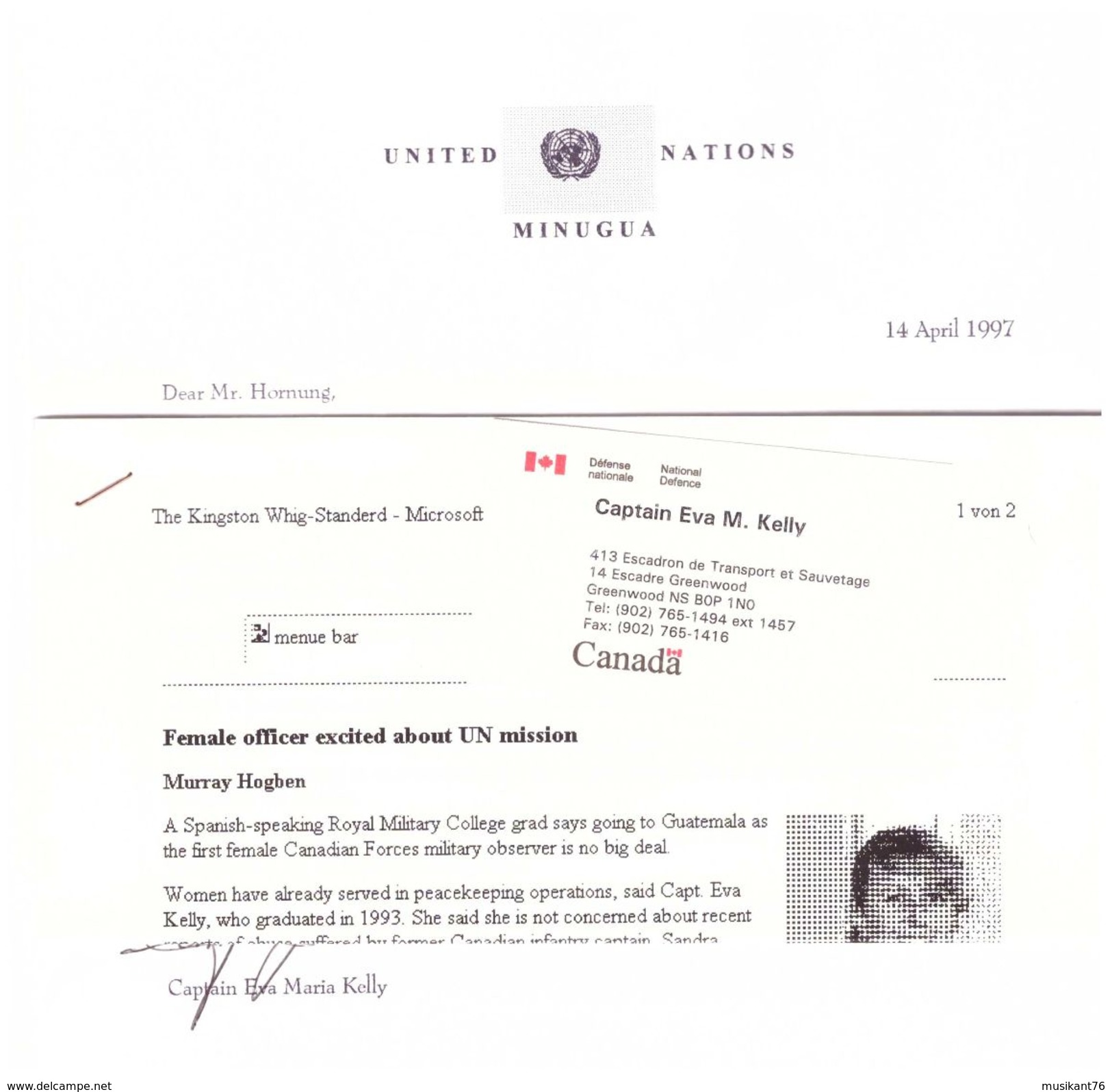 UNITED NATIONS Letter From Canadian Military Observer Of MINUGUA Mission Guatemala 1997 - Postal History